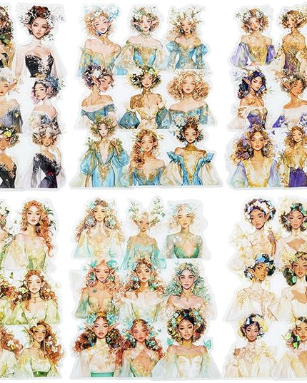 AuriicLeaf Spring Flower Girls PET Stickers Set, 60Pcs Fairy Character Stickers with Holographic Effect for Journaling, Scrapbooking, and DIY Crafts