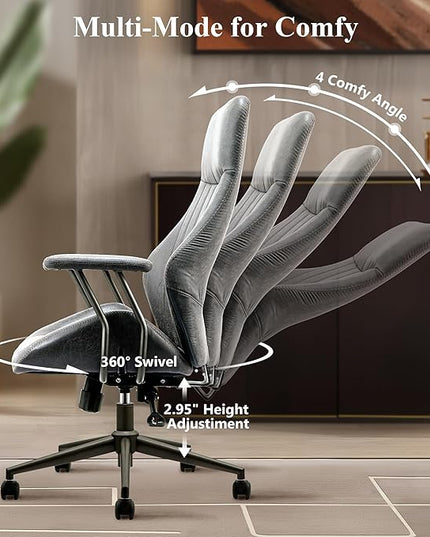 Mid Century Modren Office Chair,High Back Ergonomic Executive Chair with Lumbar Support, Computer Desk Swivel Task Chair with Wheels, Faux Lether Suede Fabric Home Chair (High Back, Grey)