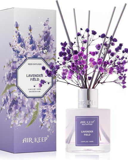 Airkeep Reed Diffuser Set,3.38 fl oz (100 ml) - Lavender Field Oil Diffusers with 8 Reed Sticks, Home Fragrance Reed Diffuser for Bathroom Shelf Decor