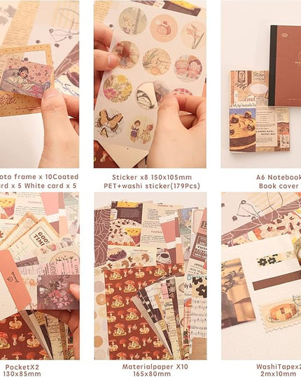 348 Pcs Scrapbooking Supplies Kit, Vintage Aesthetic Scrapbook Kit for Bullet Junk Journal, Stationery, A6 Grid Notebook, DIY Journaling Supplies, Birthday Craft Gift for Teen Girl Kid Women