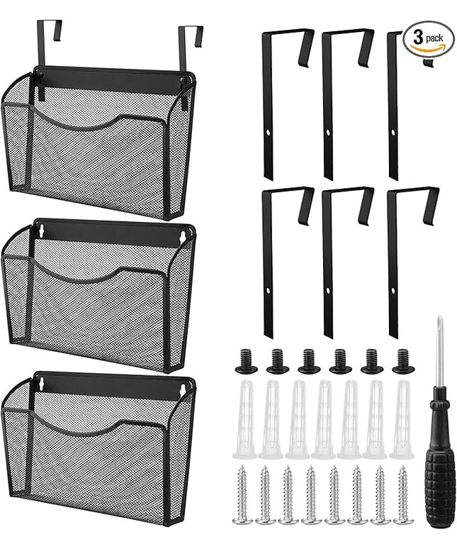 Tenceur 3 Pcs Mesh Letter Wall File Folder Cubicle File Holder Hanging Wall Mounted File Holder 3 Pocket Vertical File Organizer for Office Home Room Storage Basket(13.19 x 12.2 x 3.07 Inch,Black)