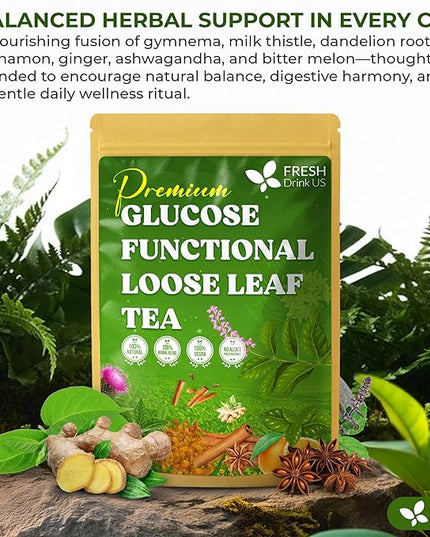FreshDrinkUS, Glucose Functional Loose Leaf Tea | 4oz | Herbal Blend of Gymnema, Milk Thistle, Dandelion Root, Cinnamon & Ashwagandha – Naturally Caffeine-Free, Premium Quality, Balanced Flavor. Vegan