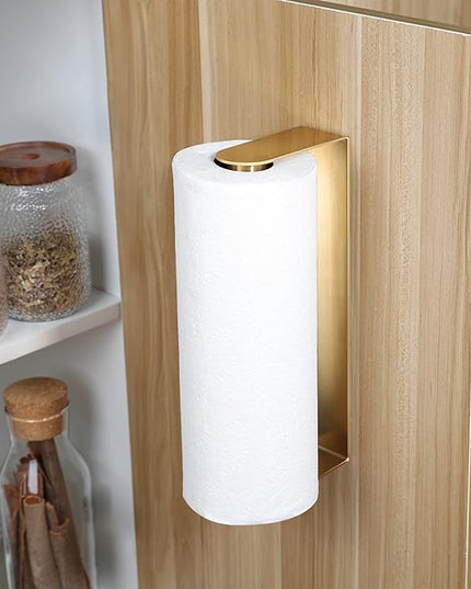 YIGII Adhesive Paper Towel Holder Under Cabinet - Single Hand Operable Paper Towel Rack Stick on Counter for Kitchen, SUS-304 Stainless Steel (Brushed Gold)