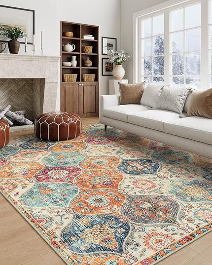 Lahome Moroccan 5x8 Area Rug, Ultra-Thin Washable Rugs for Living Room Bedroom, Soft Large Oriental Non-Slip Non Shedding Throw Large Carpet for Dining Room Office, Cream/Multi