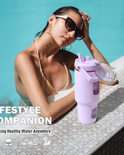 BLUEGO 40oz Glass Tumbler with Lid and Straw, Glass Water Bottles with Handle, Glass Cup with Time Marker and Silicone Sleeve, Fits Most Cup Holder, Leak-proof, Purple