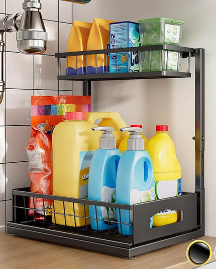 Under Sink Organizer and Storage, Height Adjustable Cabinet Organizer with Slide Out Drawer, Pull Out Under Sink Storage, Multi-Purpose 2 Tier Sink Shelves for Kitchen Bathroom Pantry (Black, 1 Pack)