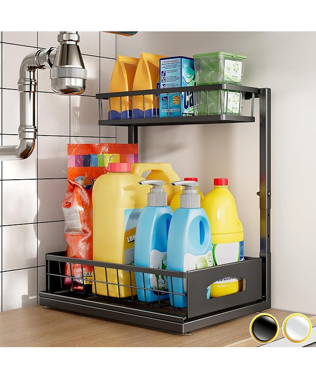 Under Sink Organizer and Storage, Height Adjustable Cabinet Organizer with Slide Out Drawer, Pull Out Under Sink Storage, Multi-Purpose 2 Tier Sink Shelves for Kitchen Bathroom Pantry (Black, 1 Pack)