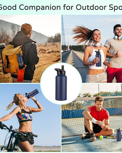 DOMICARE 32 oz Insulated Water Bottle Bulk, Vacuum Insulated Stainless Steel Sports Water Bottle with Straw Lid & Spout Lid, Leakproof, Reusable - Travel, Camping, Bike, Navy Blue (8 Pack)