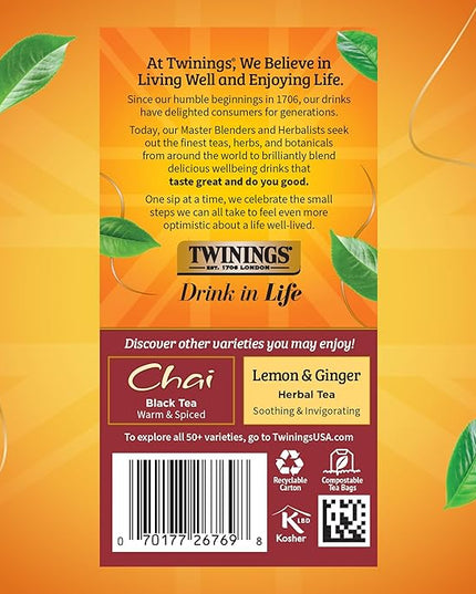 Twinings Pumpkin Spice Chai Black Tea Individually Wrapped Bags, 20 Count (Pack of 1), Warm, Spicy & Aromatic, Caffeinated, Enjoy Hot or Iced, 20 Teabags