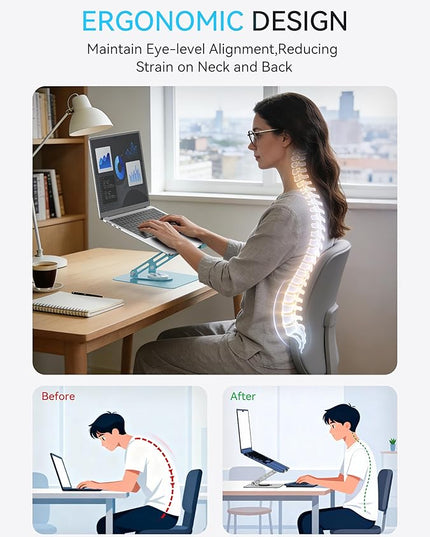 SOUNDANCE Laptop Stand with 360° Rotating Base, Ergonomic Computer Riser for Desk, Adjutable Height Muti-Angle, Foldable Laptop Mount, Stable Metal Holder Support 10-15.6" Notebook PC, Blue