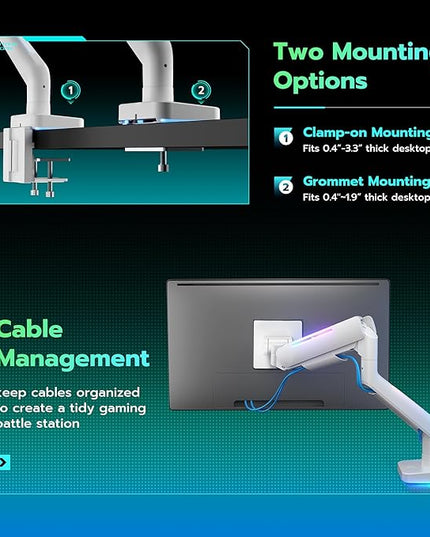 Ultrawide Monitor arm for 17-49'' Heavy Duty Screen up to 44lbs, Gas Spring Single Monitor Arm with RGB Light, Adjustable Gaming Computer Monitor Arm for Desk, White