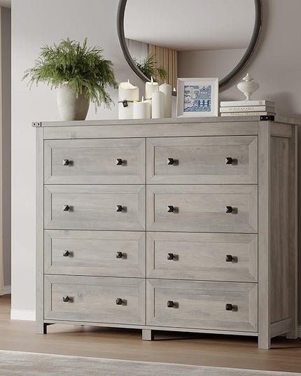 BORNOON Tall 8-Drawer Dresser, Modern Wooden Storage Chest of Drawers, Dresser TV Stand, Wood Drawer Organizer with Metal Handles for Bedroom, Living Room, Hallway