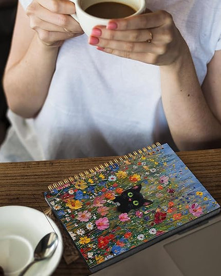 Colorful Floral Cat Spiral Notebook Journal 5.5x8.3, Gifts for Cat Lovers Women, Cottagecore Moody Black Kitten Journal for Women, Rustic Flower Journaling Notebooks
