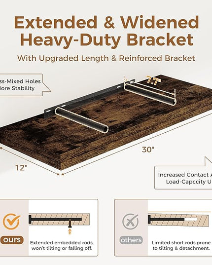 30 Inch Floating Shelves, 12 Inch Deep Floating Shelf for Wall, Rustic Deep Shelves for Books, Bathroom, Living Room, Kitchen, 30 x 12 x 2 Wood Floating Shelves, Rustic Brown Color, Set of 2
