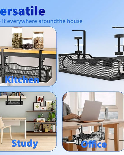 Under Desk Cable Management Tray Small – Clamp-Mounted Wire Organizer & Cord Management Under Desk Holder, No-Drill Metal Cable Tray for Home Office (Black)