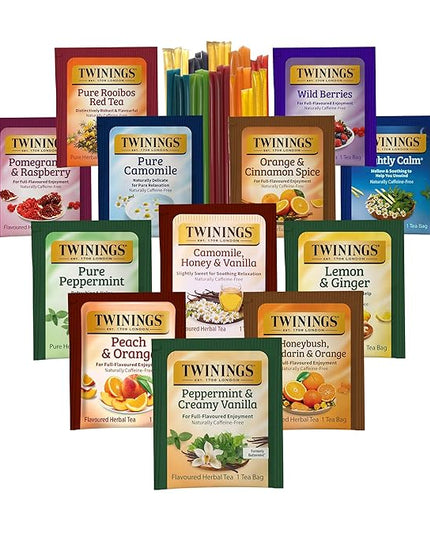 Twinings 48 Tea Bags Herbal Variety Pack – 12 Herbal Flavors with 20 Honey Sticks, Perfect Tea Gift Set for Any Occasion