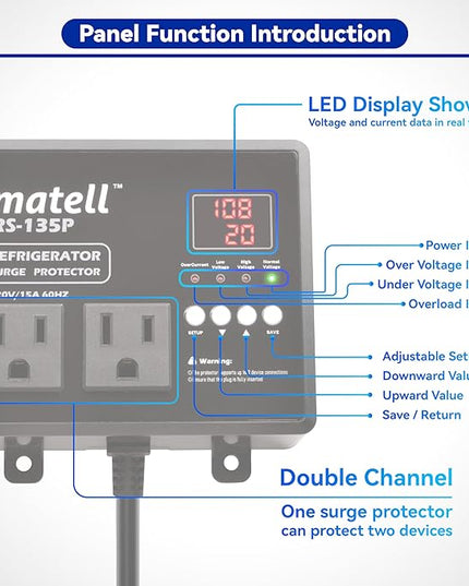 matell Refrigerator Surge Protector, Double Outlet Voltage and Current Protector for Home Appliances with Time Delay, Spike, Instant Surge All Voltage Abnormalities,Protects Against Brownout