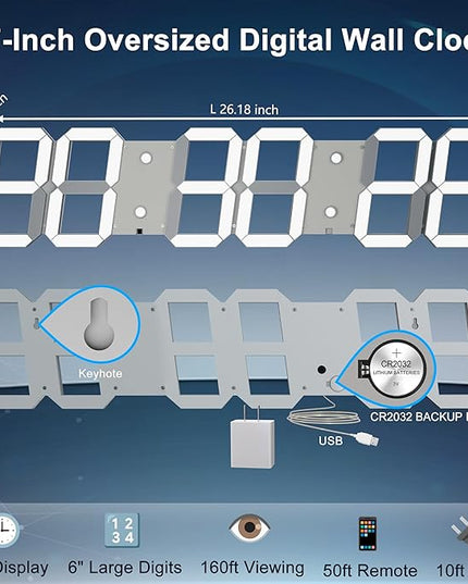 Large Digital Wall Clock 27" with Remote Control,3D Led Clock Adjustable Brightness Timer 12/24 Hr Time/Date/Temperature for Living Room/Office/Restaurant