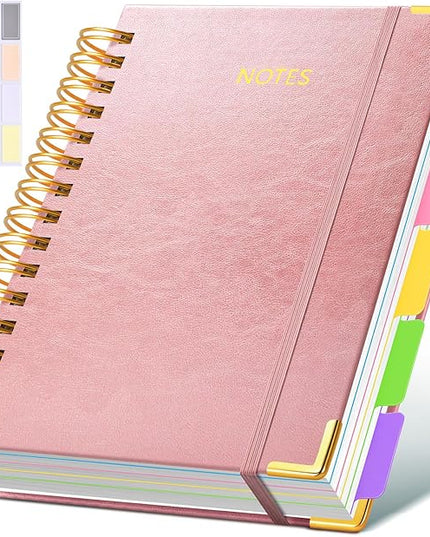 Hardcover Spiral Notebook journal with Removable Dividers Tabs, 300 Pages Leather 5 Subject Notebook College Ruled, 100GMS Notebooks for Work School Note taking,Lined Journal for Women,A5 Rose gold