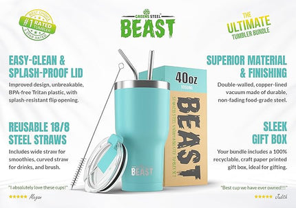Beast 40 oz Tumbler Stainless Steel Vacuum Insulated Coffee Ice Cup Double Wall Travel Flask (Aquamarine Blue)