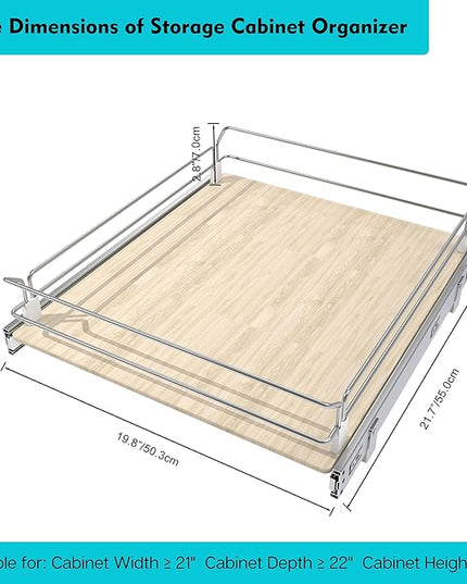 Pull Out Cabinet Organizer 20" W X 22" D, Slide Out Drawers For Kitchen Organizers and Storage, Pull Out Drawers For Cabinets Capacity Heavy Duty Caddy, Cabinet Shelves Wood Chrome, Pantry Storage