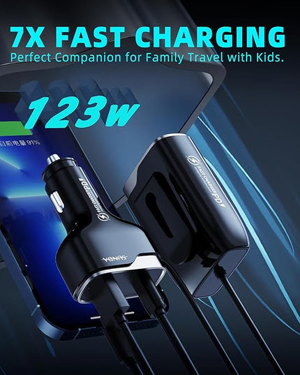 6 Multi Ports USB C Car Charger, 123W Fast Car Charger Adapter, PD 45W Compatible with iPhone17/Galaxy/Samsung S25, Type C Cigarette Lighter USB Charger with 5.7FT Cable for Rear Seat Charging(Black)