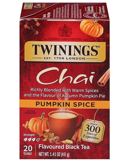Twinings Pumpkin Spice Chai Black Tea Individually Wrapped Bags, 20 Count (Pack of 1), Warm, Spicy & Aromatic, Caffeinated, Enjoy Hot or Iced, 20 Teabags