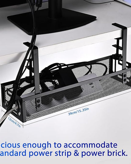 Under Desk Cable Management Tray Small – Clamp-Mounted Wire Organizer & Cord Management Under Desk Rack, No-Drill Metal Cable Organizer for Home Office (Black)
