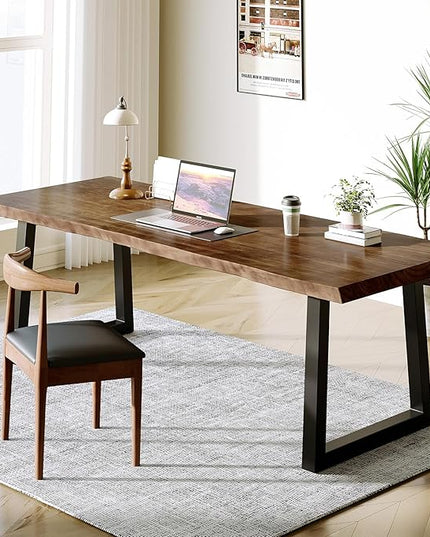 Solid Wood Desk 55 inches, Home Office Computer Desk Wooden Rustic Writing Desk Metal Modern Simple Design Executive Real Wood Desk(Dark Brown)