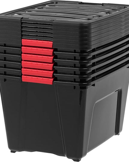 IRIS USA 54 QT Plastic Storage Box with Lid and Latches - 6 Pack - BPA-Free, Garage Organizing Solution, Durable Nestable Stackable Containers, Secure Pull Handle - Black