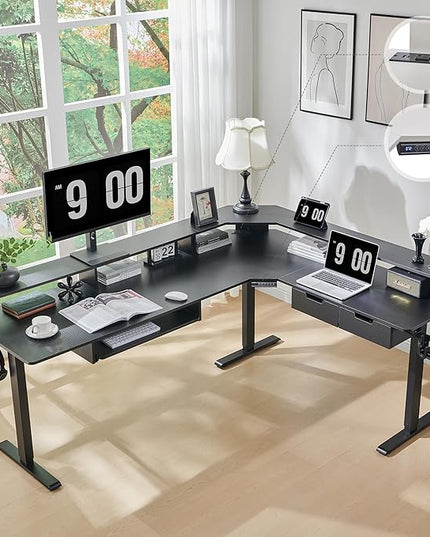 RedLemon 75X60 Inches L Shaped Electric Standing Desk, Height Adjustable Corner Gaming Desk with Drawers, Power Outlets & LED Lights, Computer Desk with Monitor Shelf, Carbon Fiber Black