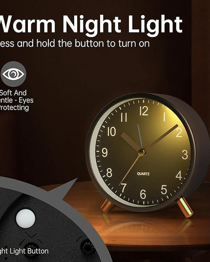 Analog Alarm Clock, 4 inch Super Silent Non Ticking Small Clock with Night Light, Battery Operated, Simple Design, easy setting for Office, Bedroom, Bedside, Desk, teens, elders, kids, adult, Black
