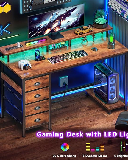 Furologee 47" Computer Desk with 4 Fabric Drawers & Monitor Stand, Gaming Desk with Power Outlets - LED Lights, Home Office Space-Saving Study Table for Bedroom Small Spaces (Rustic Brown)