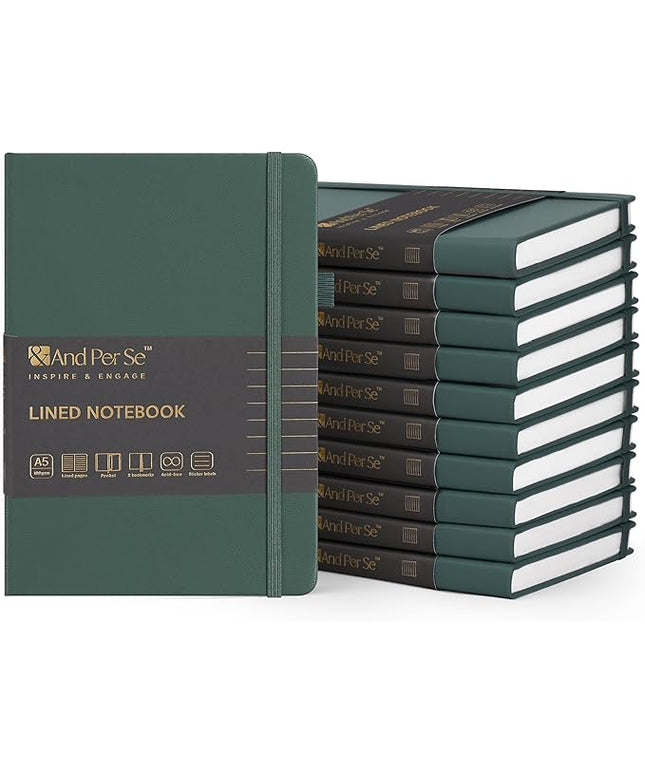 &And Per Se Lined Journal Notebook (10 Packs), 160 Pages, A5 5.7 x 8 inches College Ruled Thick Paper Notebook Journals for Writing, Hardcover Notebooks for Women Men Office School (Green)