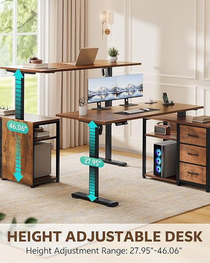 47 Inch L Shaped Standing Desk with 3 Drawers Electric Standing Desk with Storage Computer Desk Adjustable Height with Power Outlets 4 Memory Presets for Home Office, Rustic Brown