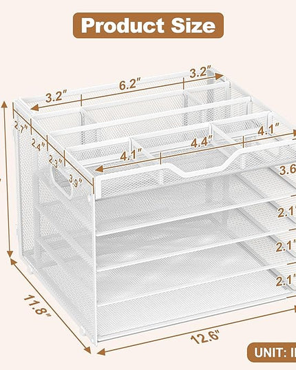 Docnest 5 Tier Letter Tray with Hanging File Organizer-Mesh Desk Organizer-Desktop Storage Box Built in Pen Holder and Handles, File Folder Holder for Mail Documents Office Supplies-White