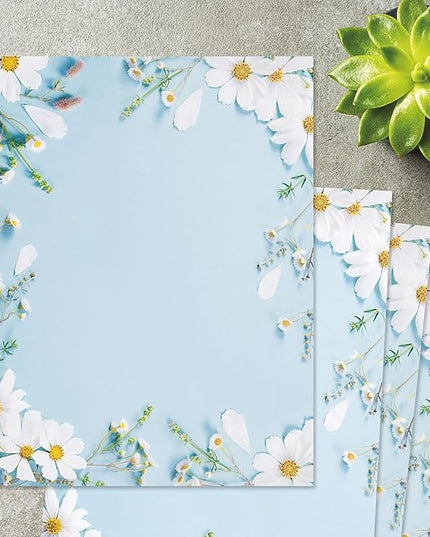 Current Shasta Daisy Floral Letter Paper - Spring Stationery Papers With Decorative Shasta Daisy Border, Printable Holiday, Wedding & Bridal Shower, & Invitation Sheets, Set of 25, 8 1/2" x 11"