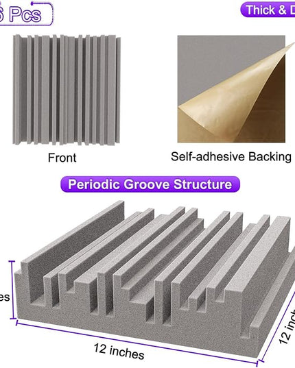 TroyStudio Self-adhesive Acoustic Foam Panels, 12 X 12 X 2 Inches 6 Pcs Broadband Sound Absorbing Foam, Dense Soundproof Padding Tile, Recording Studio Foam Absorber, Groove Decorative Wall Panel