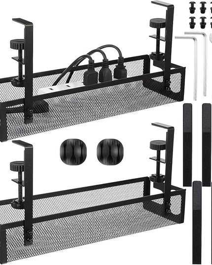 2 Pack Under Desk Cable Management Tray, 15 Inch No Drill Metal Mesh Organizer with Hybrid Side Slots, Wire Holder Storage Rack for Office Home Desk