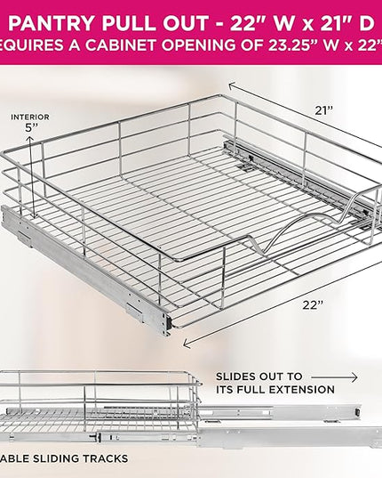 HOLDN’ STORAGE Heavy-Duty Premium Collection Pull Out Cabinet Organizer, Cabinet Drawer Slide Outs, Lifetime Limited Warranty - Basket Size 22" W x 21" D x 5" H, Anti-Rust Chrome Finish