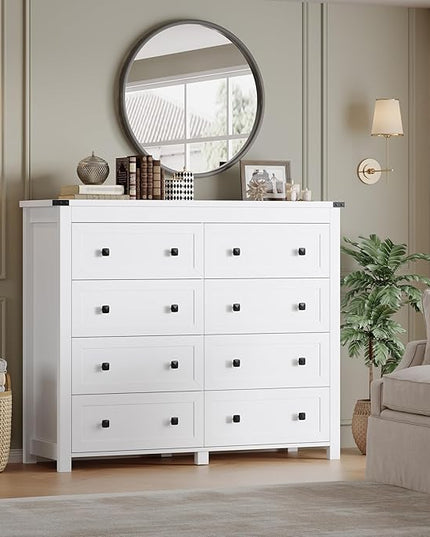 BORNOON Tall 8-Drawer Dresser, Modern Wooden Storage Chest of Drawers, Dresser TV Stand, Wood Drawer Organizer with Metal Handles for Bedroom, Living Room, Hallway