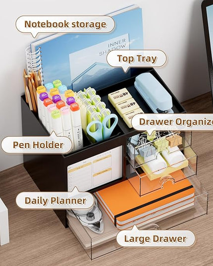 Marbrasse Desk Organizer with 3 Drawer, Multi-Functional Pencil Pen Holder for Desk, Desk Organizers and Accessories with 4 Compartments, Desktop Organizer Storage for Office Home Art Supplies (Black)