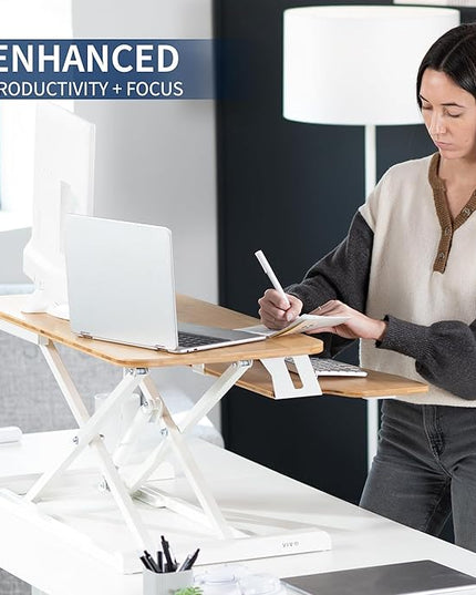 VIVO 32 inch Desk Converter, K Series, Height Adjustable Sit to Stand Riser, Dual Monitor and Laptop Workstation with Wide Keyboard Tray, Bamboo Top, White Frame, DESK-V000KO