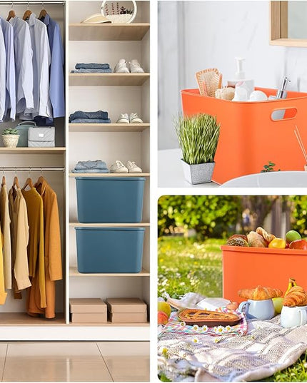 Hoolerry 8 Pieces Colorful Storage Bins with Lid, Plastic Storage Basket Organizing Container Stackable Box with Handle for Shelves Desktop Playroom Office(14.2 x 10.2 x 9.5 Inch,Blue and Orange)