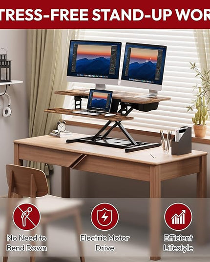 SANODESK Standing Desk Converter with Electric Motor 40" Height Adjustable Riser for Office Home,Dual Monitor and Laptop Workstation with Large Keyboard Tray, Rustic Color