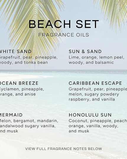 Eternal Essence Oils Beach Set of 6 Premium Fragrance Oils - Includes White Sand, Ocean Breeze, Honolulu Sun, Mermaid, Caribbean Escape, and Sun & Sand Scented Oils - 10ML