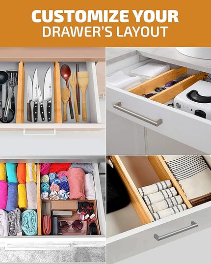 4 Pack Drawer Divider - Bamboo 2.6" High, 12.5-17" Adjustable Drawer Organizers for Clothes, Expandable Dresser Separators in Bedroom, Bathroom, Kitchen, Office Organization and Storage