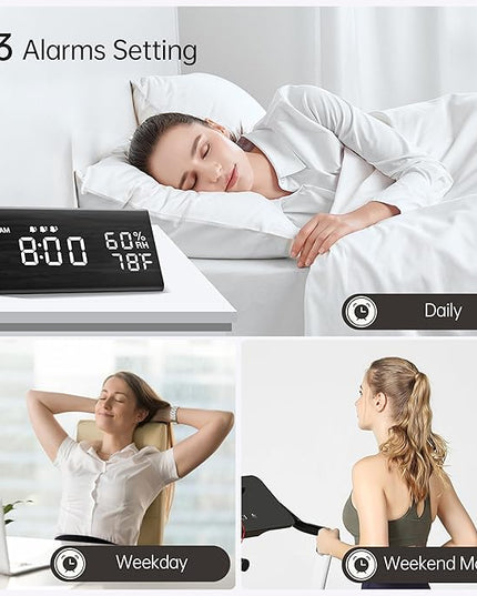 Digital Alarm Clock, with Wooden Electronic LED Time Display, 3 Alarm Settings, Humidity & Temperature Detect, Wood Made Electric Clocks for Bedroom, Bedside (Black)