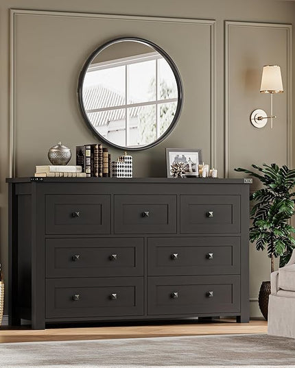 BORNOON 7-Drawer Dresser, Modern Wooden Storage Chest of Drawers, Dresser TV Stand, Wood Drawer Organizer with Metal Handles for Bedroom, Living Room, Hallway