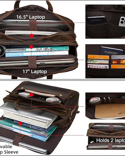 Masa Kawa Leather Briefcase for Men 15.6", 17" Laptop Computer Case Business Travel Work Messenger Cross Body Shoulder Bag